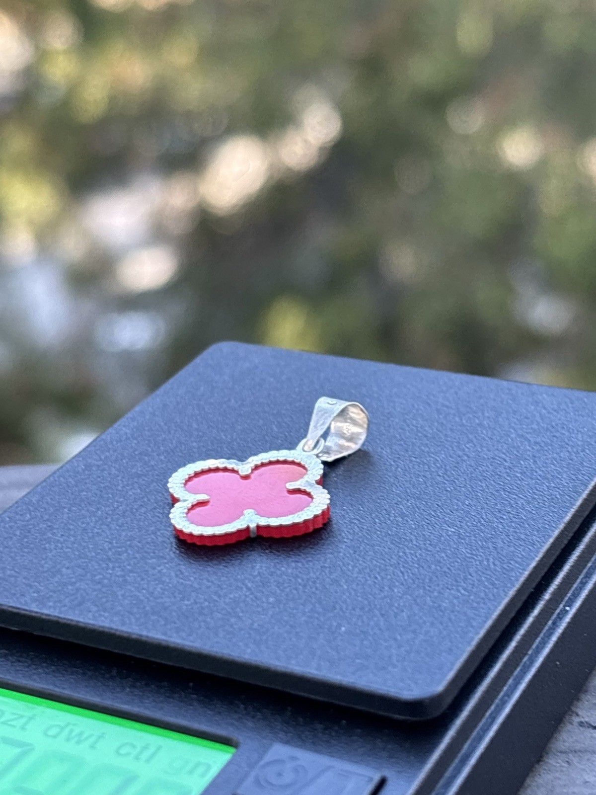 Silver 925 Red Enamel Clover Pendant Charm, Flowers & Plants Theme, No Stones