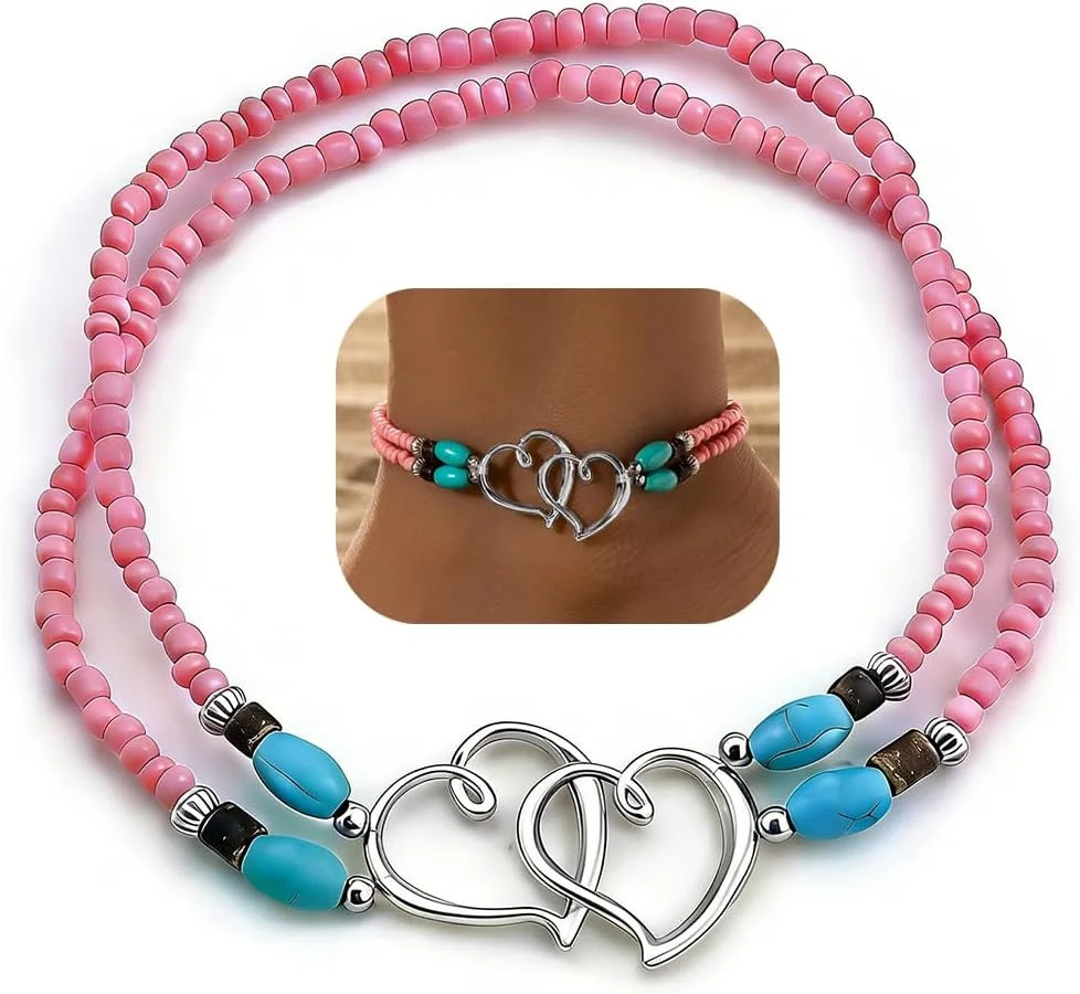 Elastic Beaded Ankle Bracelets for Women Double Heart Layered Stretch Ankle Brac