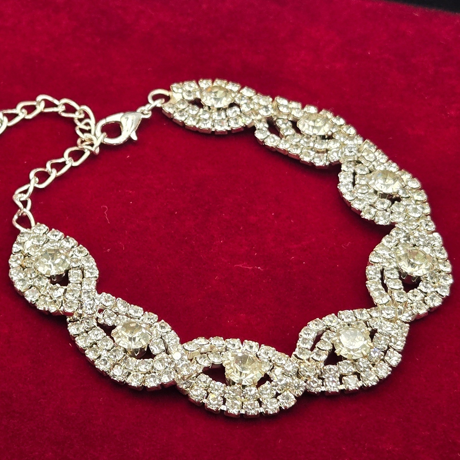 Silver Tone Rhinestone Marquise Link Adjustable Bracelet Clear Crystal Wedding