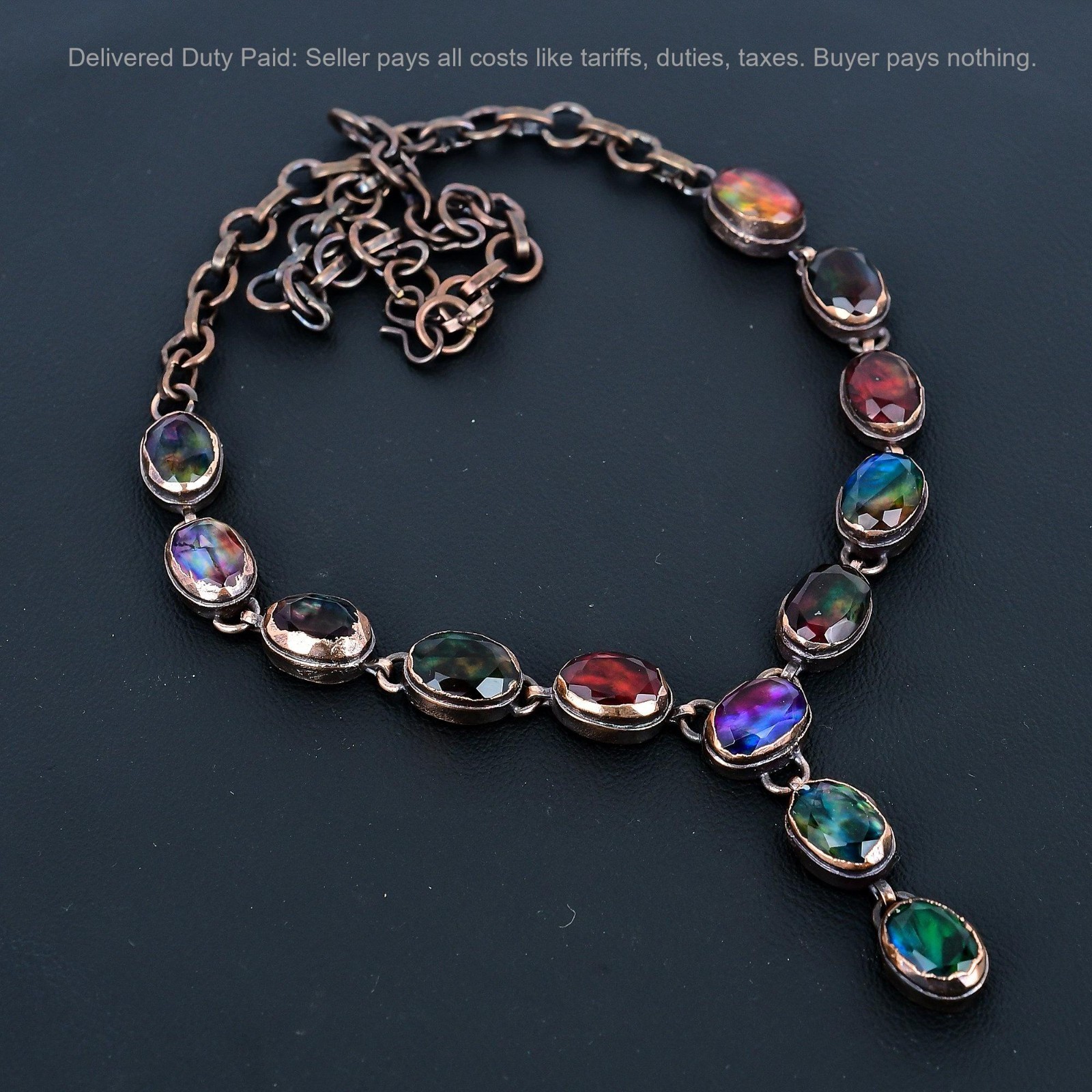 Christmas Sale Copper Oval Natural Ammolite Chain Electroformed Necklace Jewelry