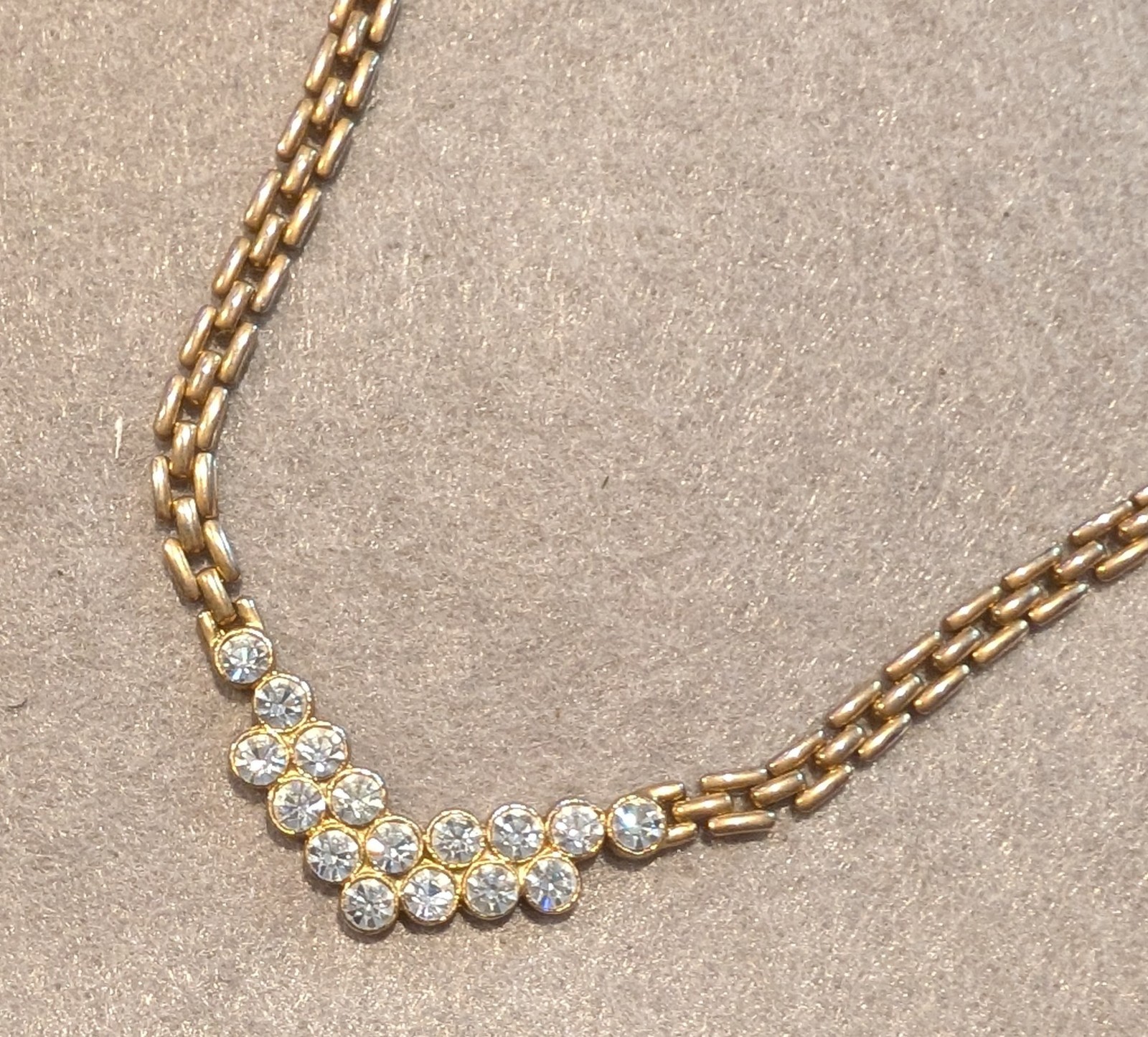 Gold Tone Box Chain Necklace Clear Round Crystal Station Cluster Pendant