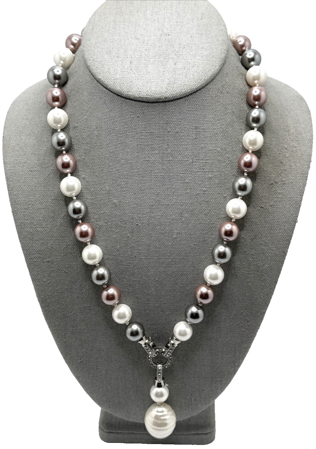 SAACHI Faux Pearl Necklace Detachable Pendant Rhinestone Accents Gray Purple 22″