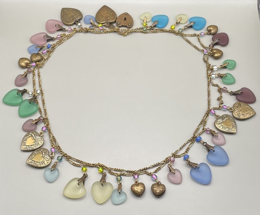 Glass Works Studio Women’s Necklace Brass Tone Metal Heart Glass Charms Artisan