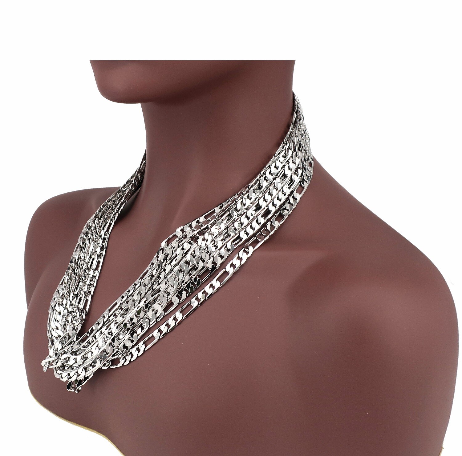 12 Piece 7mm Italian Figaro link Chain Necklace 14k White Gold Plated Wholesale