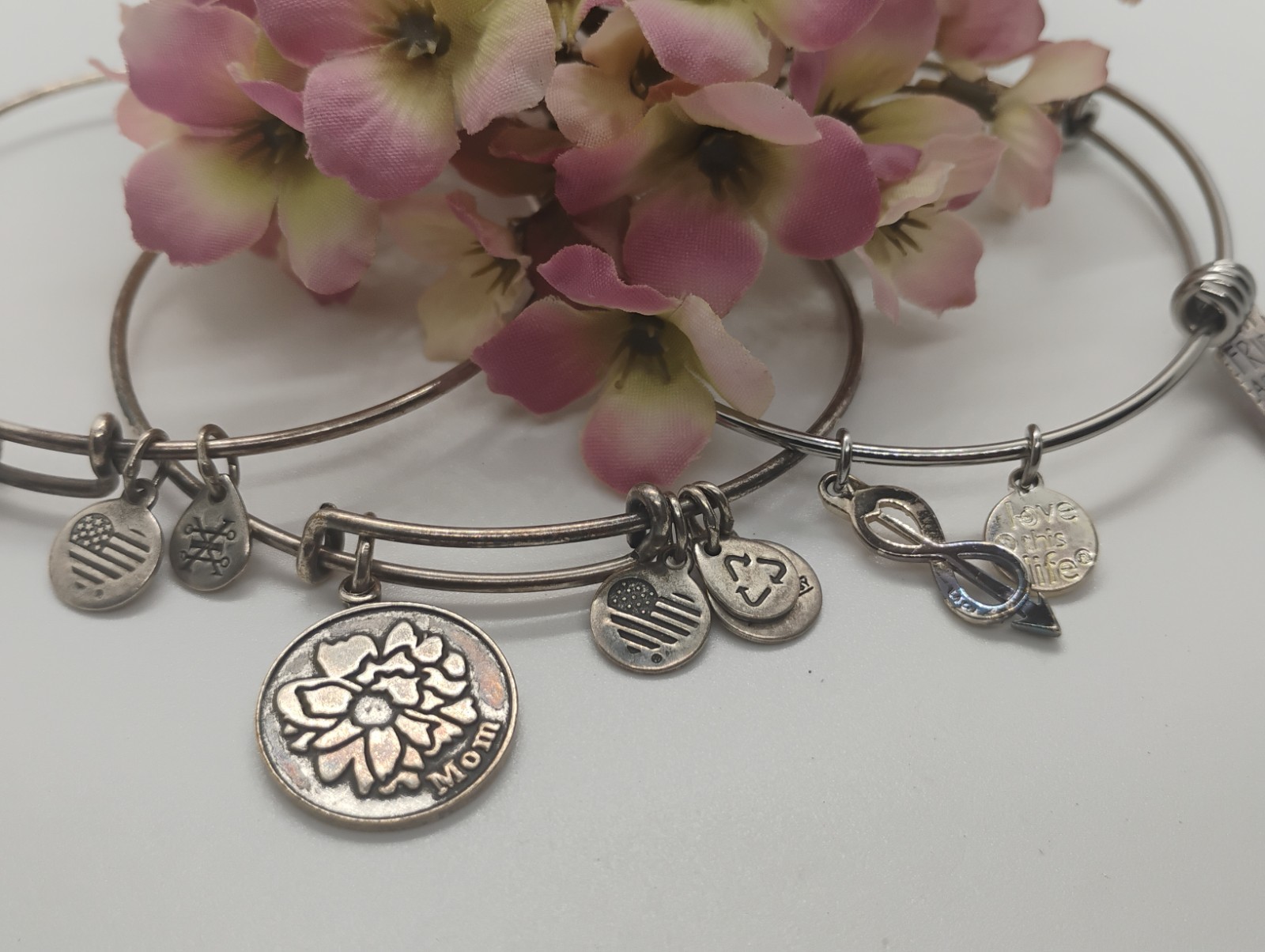 Alex And Ani 3 Silver Tone Charm Bangle Bracelet 2.5 Inches Diameter