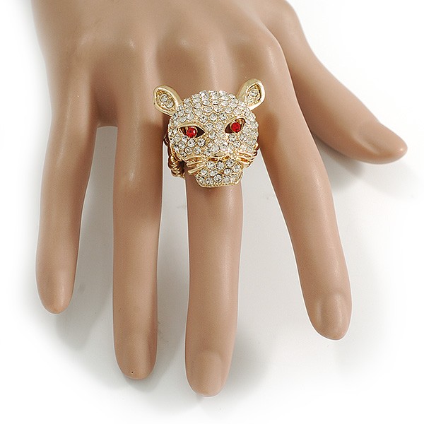 Clear Crystal Leopard Stretch Ring In Gold Plating – 30mm Long – 7/8 Size