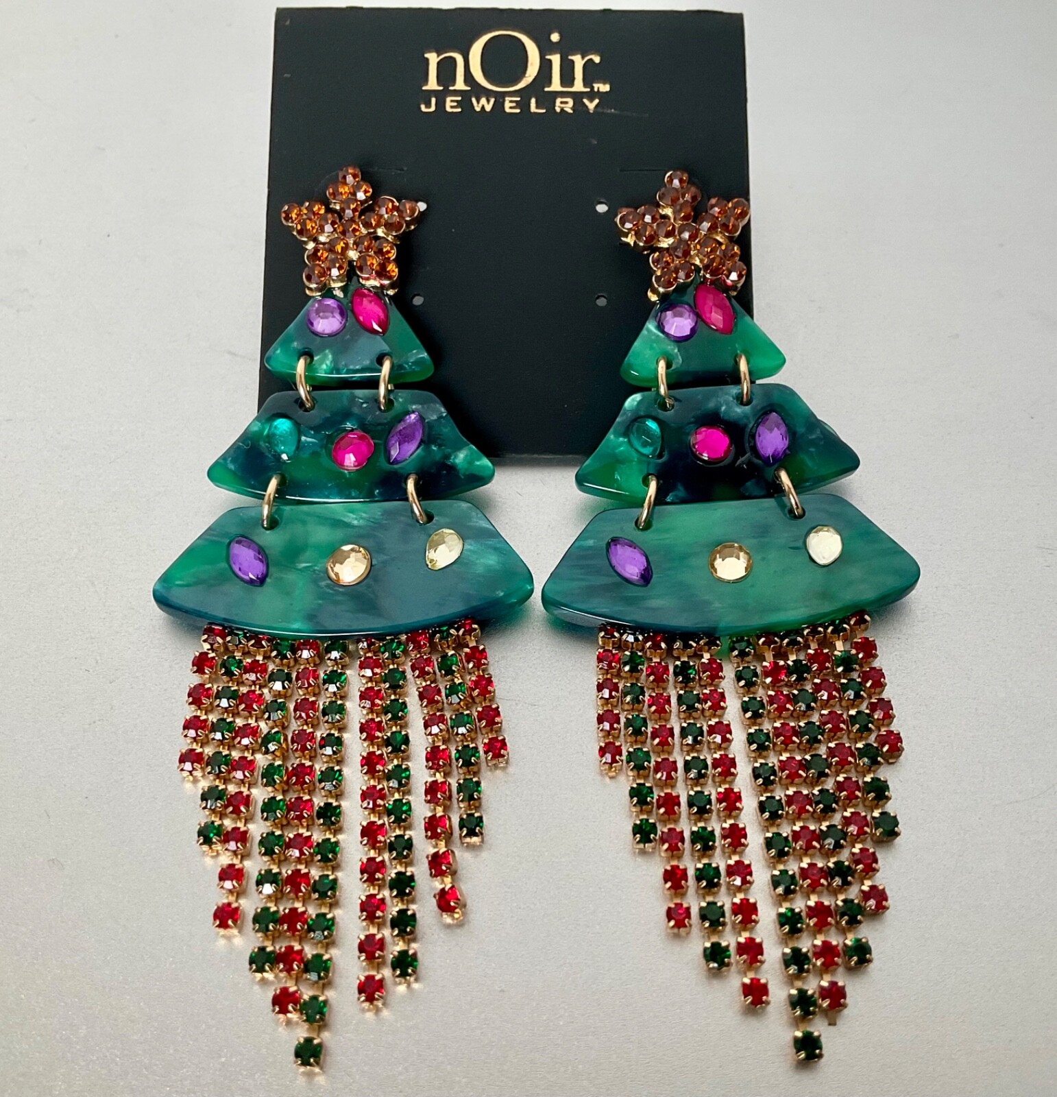 NOIR Funky Statement Christmas Tree Dangle Earrings Acrylic & Rhinestones