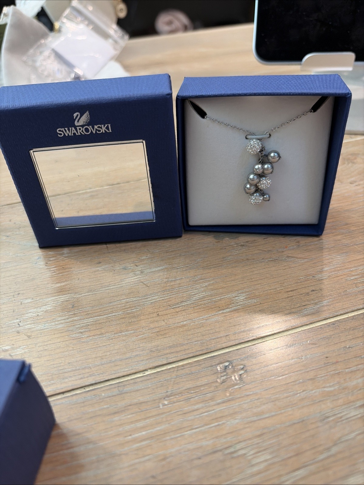 Authentic Swarovski Pave Crystal & Gray Pearl Cluster Pendant Necklace NIB $95