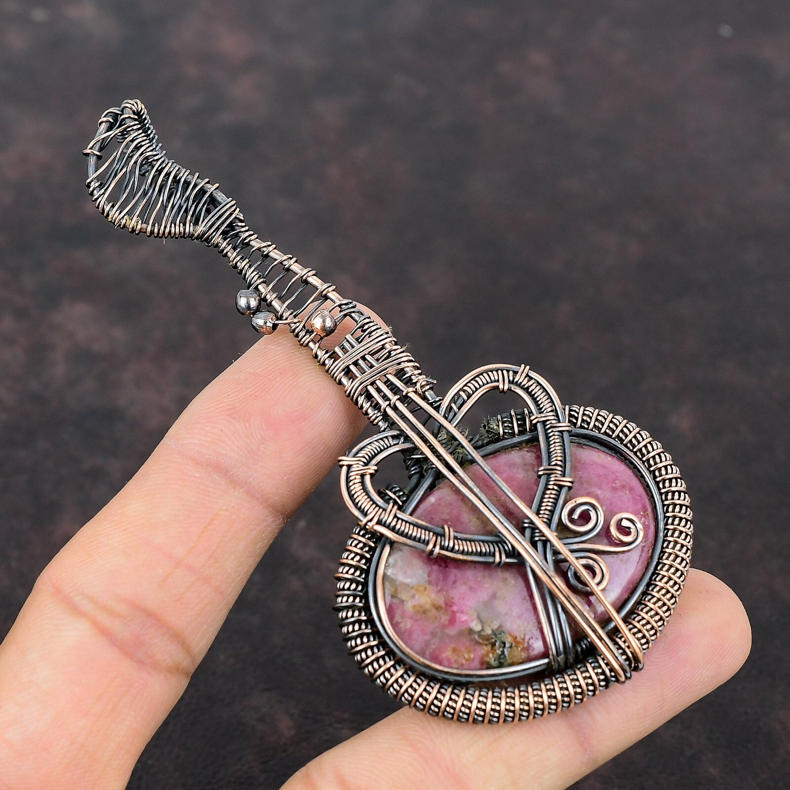 Rhodonite Gemstone Jewelry Copper Mum Gift Wire Wrapped Guitar Pendant 3.94″