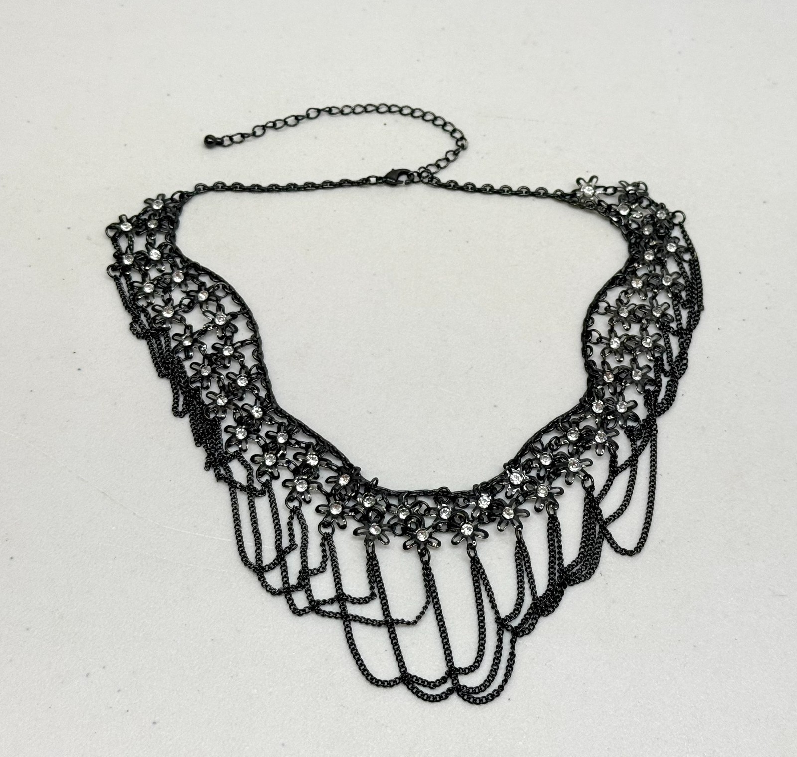 Stunning Statement Choker Necklace Goth Black Chains Clear Rhinestones 16-20 in