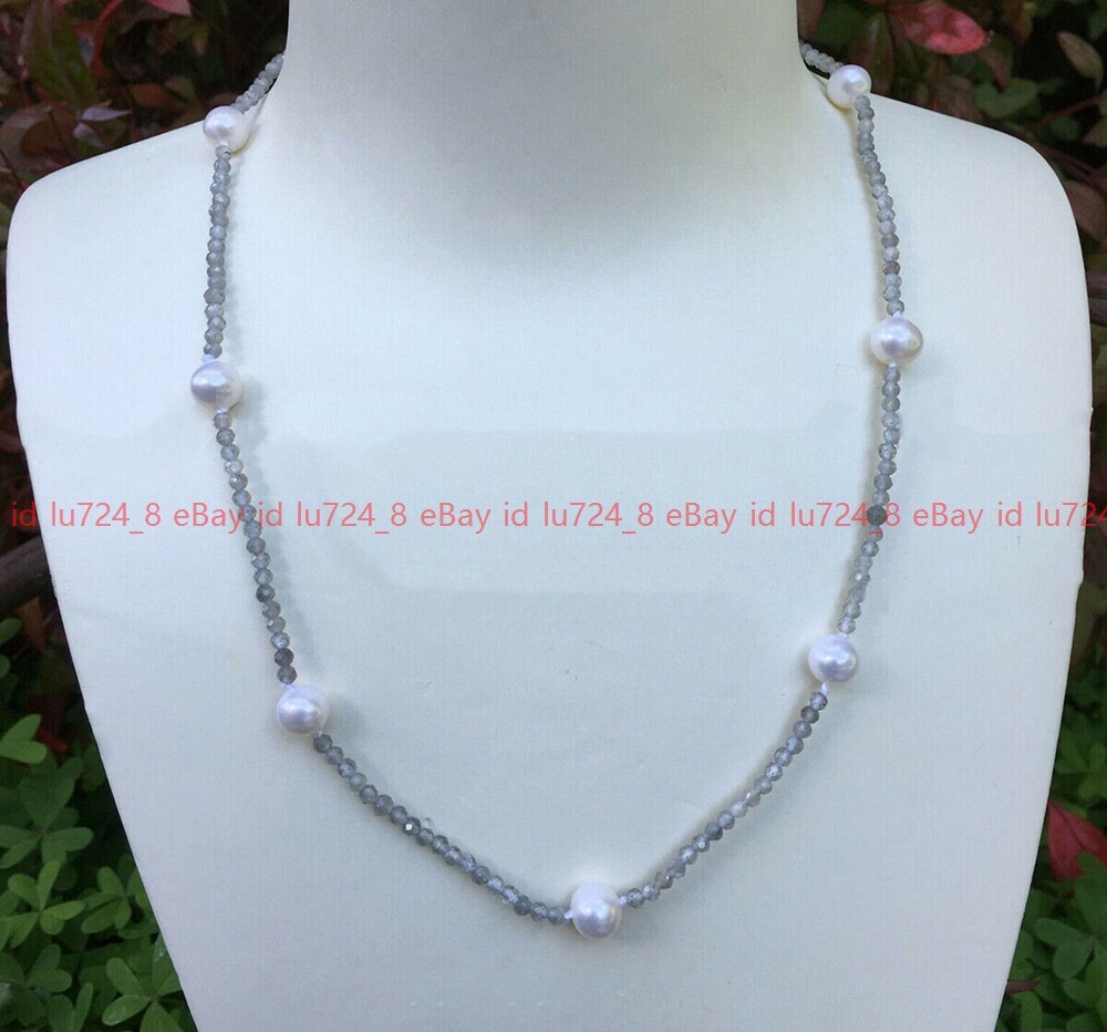 Faceted 3mm Natural Gray Spinel Gems 7-8mm Freshwater White Pearl Necklace