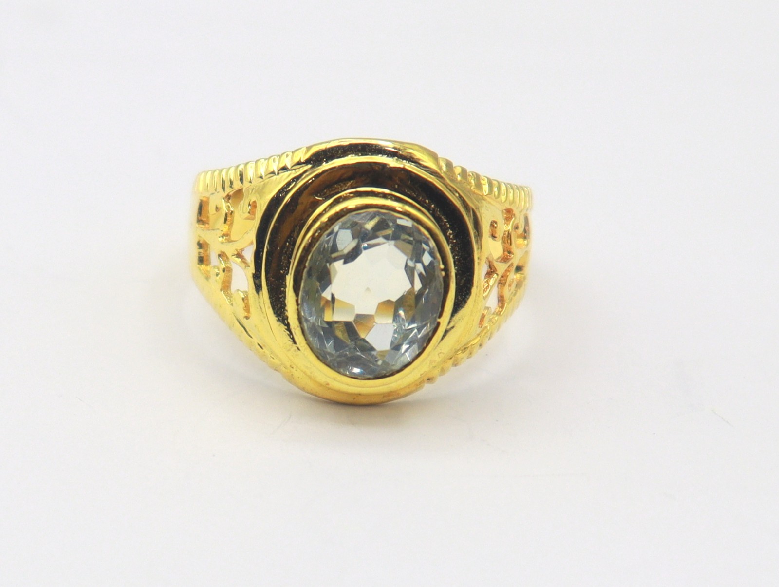 Natural Sea Blue Aquamarine Gemstone Sterling Silver Gold Plated Ring SZ 8.5 US