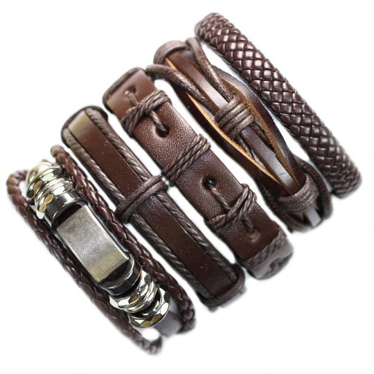 5PCS Braided Surfer Leather Bracelets Multilayer Rope Wristband for Men Jewelry