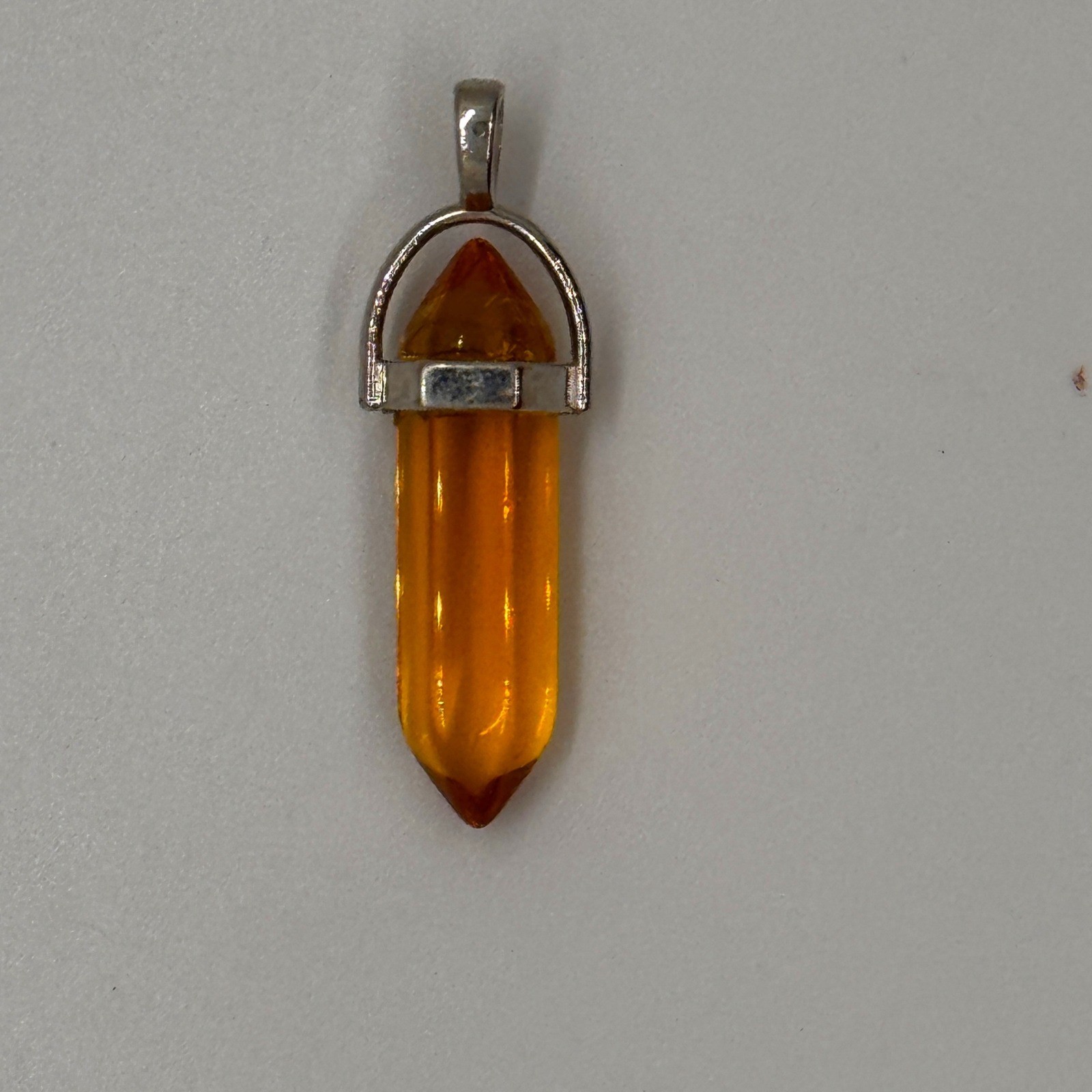 Amber Orange Hexagonal Crystal Point Pendant Silver Tone Bail Bullet Charm