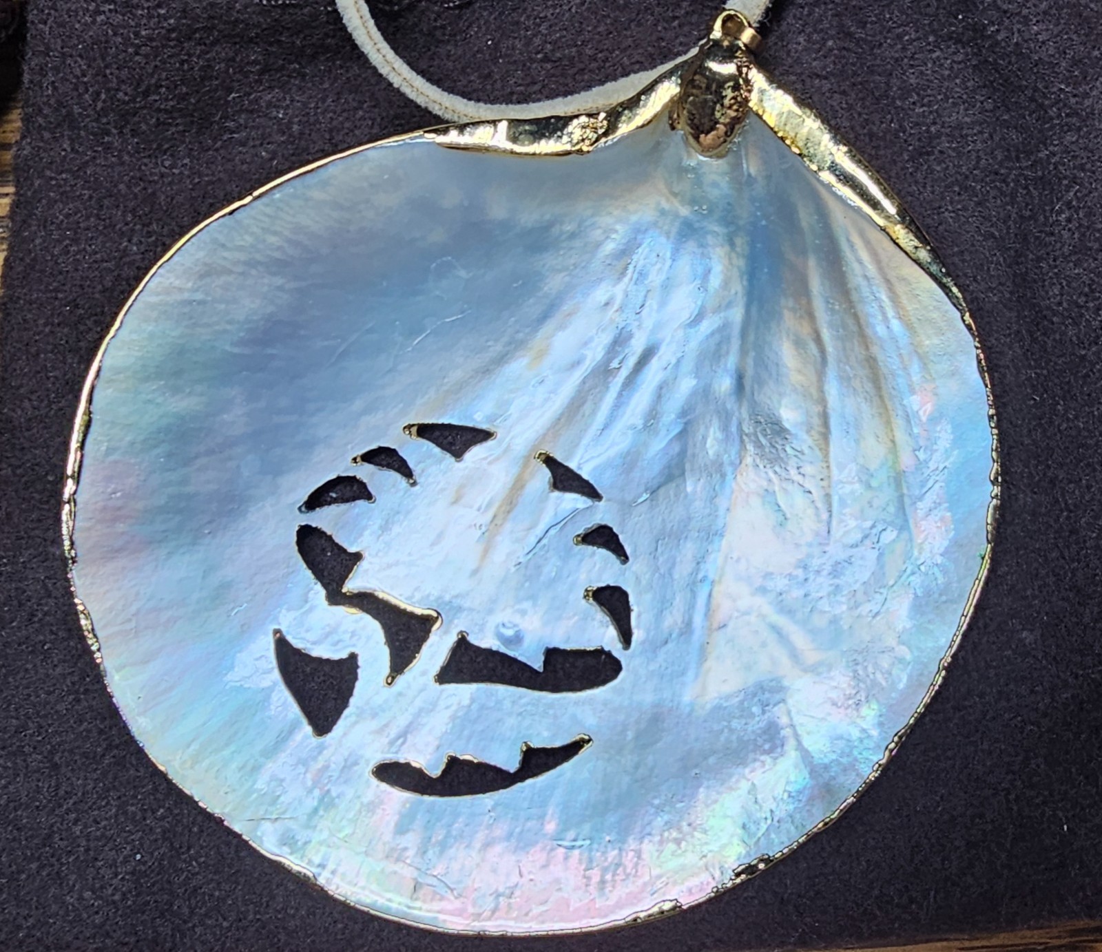 2 Large Mother of Pearl Seashell Necklaces w/Carved, Gilded & Stamped Components