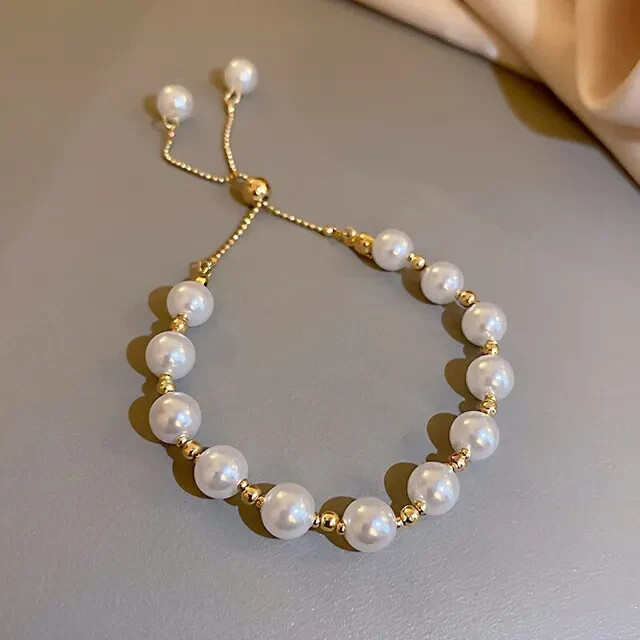 14k Yellow Gold Plated Lariat Style Bracelet Simulated White Pearls Adjustable