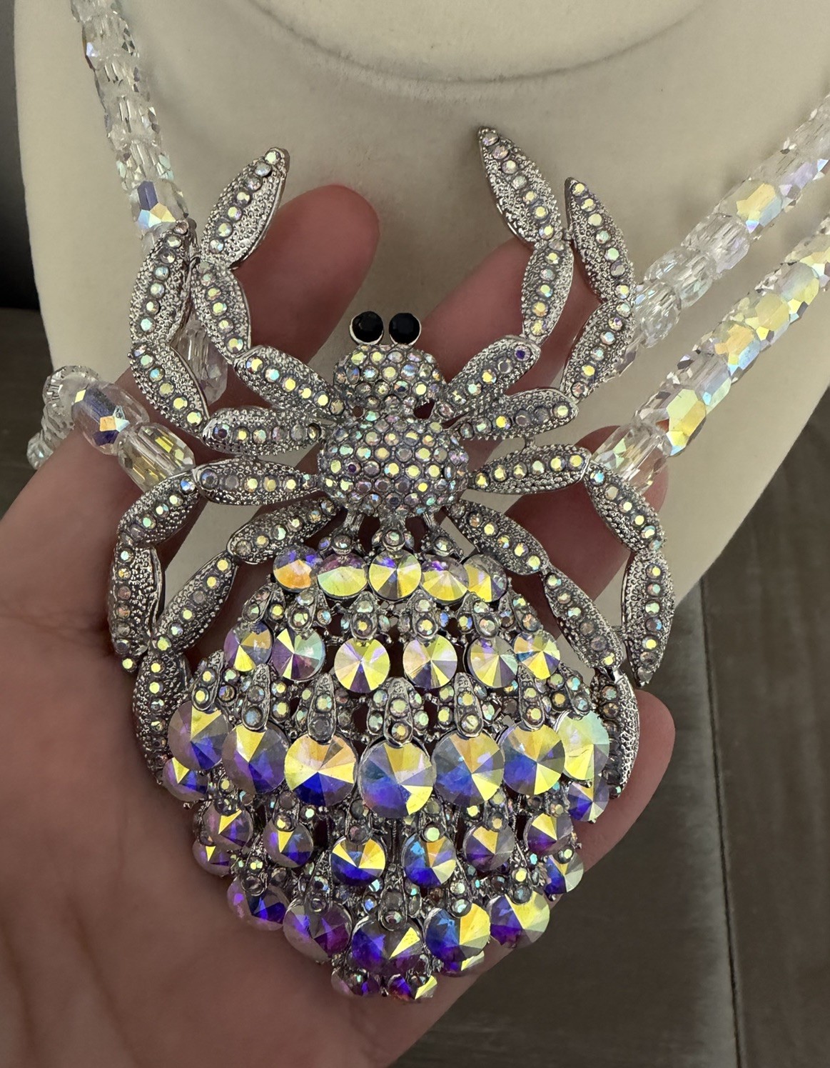 Eye Candy Iridescent Crystal Spider Statement Necklace Double Strand Beaded