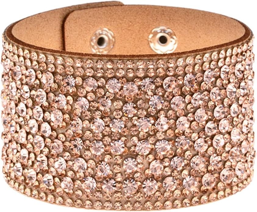 Sparkly 1.5″ Wide Peachy Pink Rhinestone Leather Adjustable Snap Cuff Bracelet