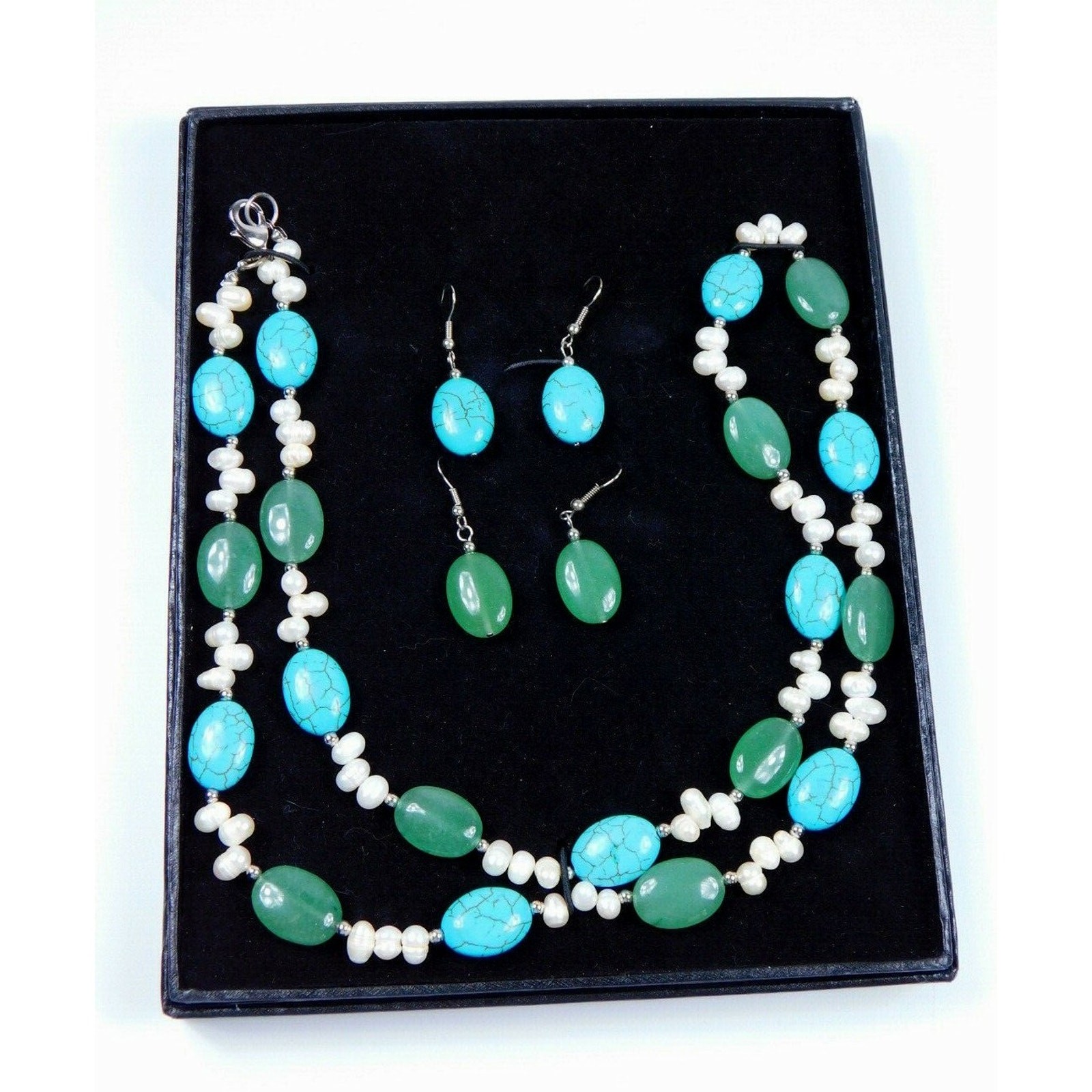 Turquoise Dyed Magnesite Aventurine Freshwater Pearl Necklace & Earrings Set NIB