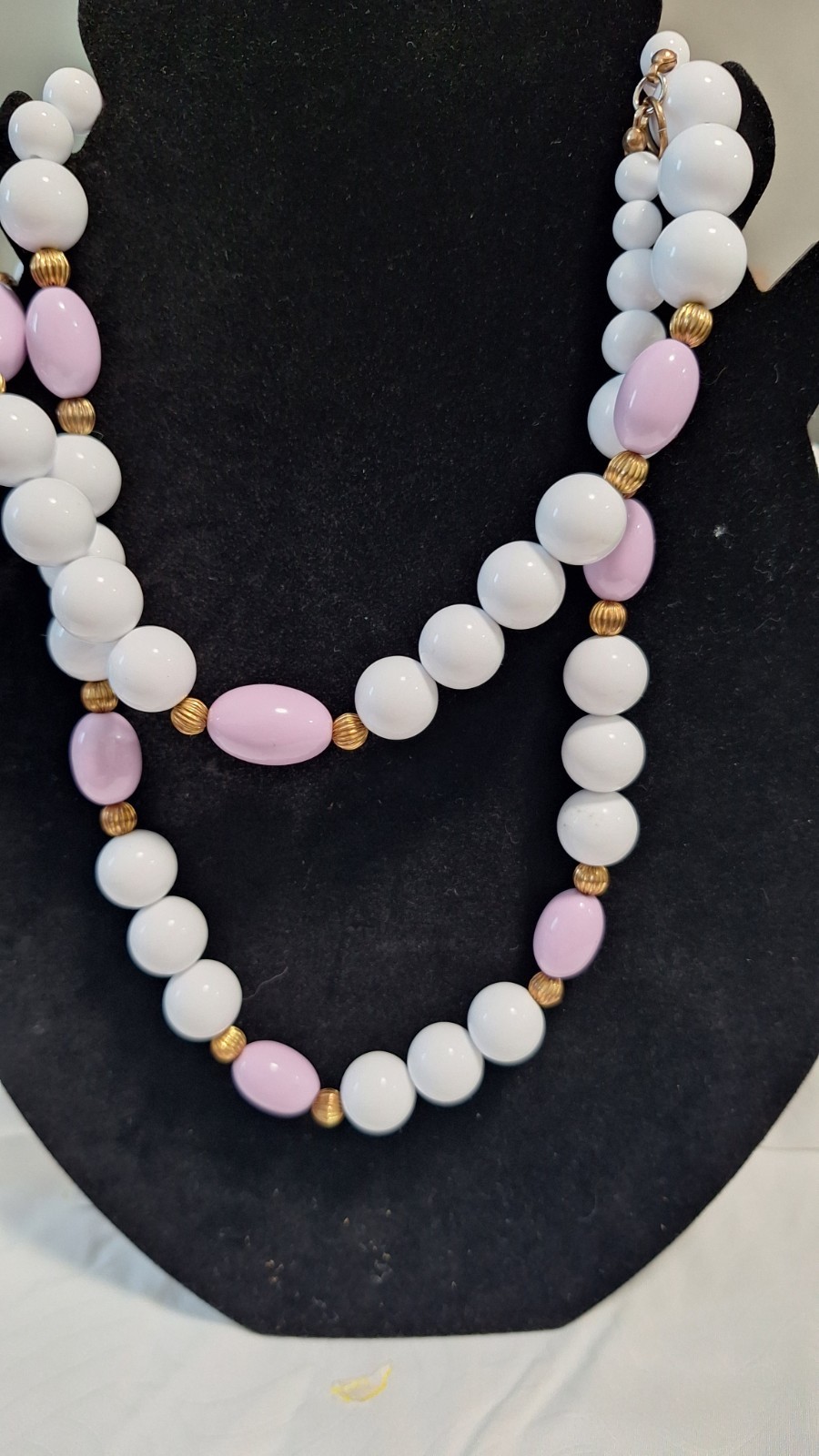 White Pink Gold Beaded Double Strand Necklace Ball/Bead Chain Lobster Clasp