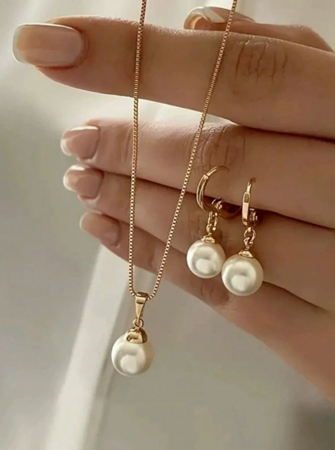 3 PCS Women Jewelry Set White Pearl İmitation Minimalist Necklace Earrings Gift
