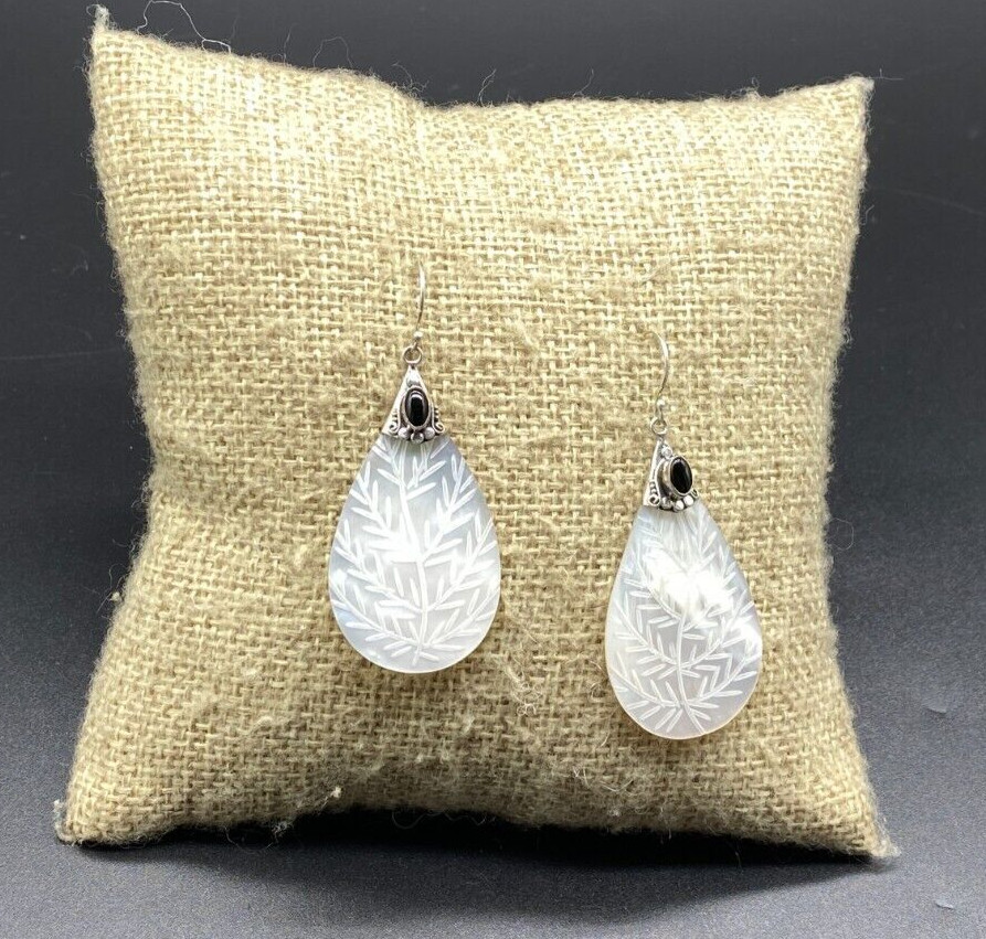 SAMUEL B.-Sterling Silver Onyx Floral Etched MOP Teardrop Dangle Earrings