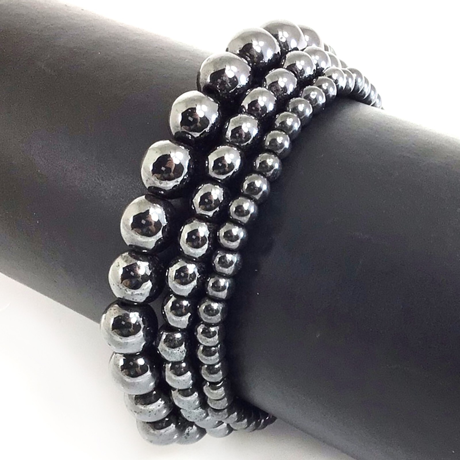 MAGNETIC Hematite Bracelet Round Beaded 7.5″ Handmade Stretch 4mm 6mm 8mm