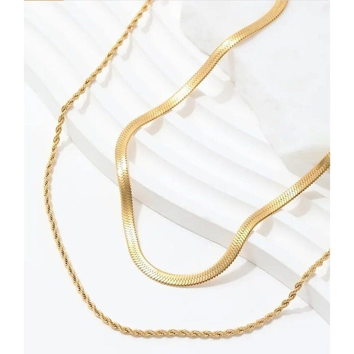 Layered Gold Herringbone Rope Chain Necklace 18K Waterproof Hypoallergenic CUTE