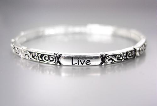INSPIRATIONAL Thin Silver Black Filigree LIVE LAUGH LOVE Heart Stretch Bracelet
