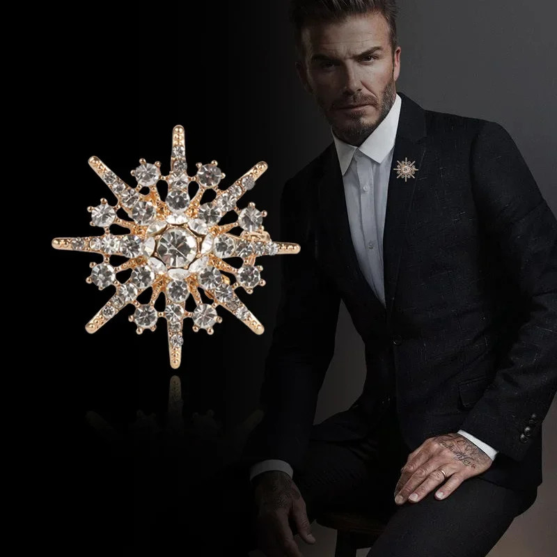 Men’s Starburst Crystal Brooch Pin Gold Luxury Suit Lapel Jewelry Gift