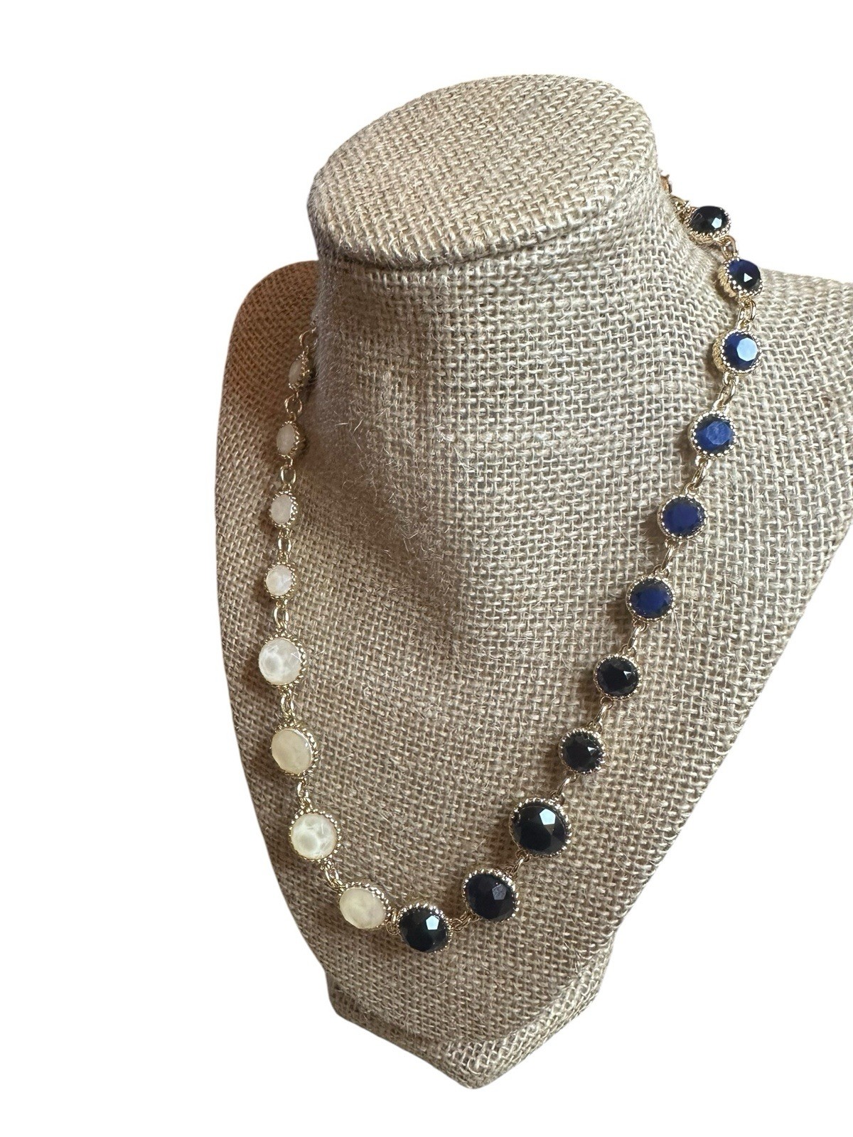 Statement Necklace Reversible Navy Opalescent Faceted Jewel Goldtone Setting NWT