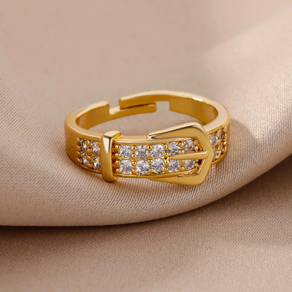 Geometric Belt Ring Adjustable Stainless Steel Simulated Zirconia Unisex Jewelry
