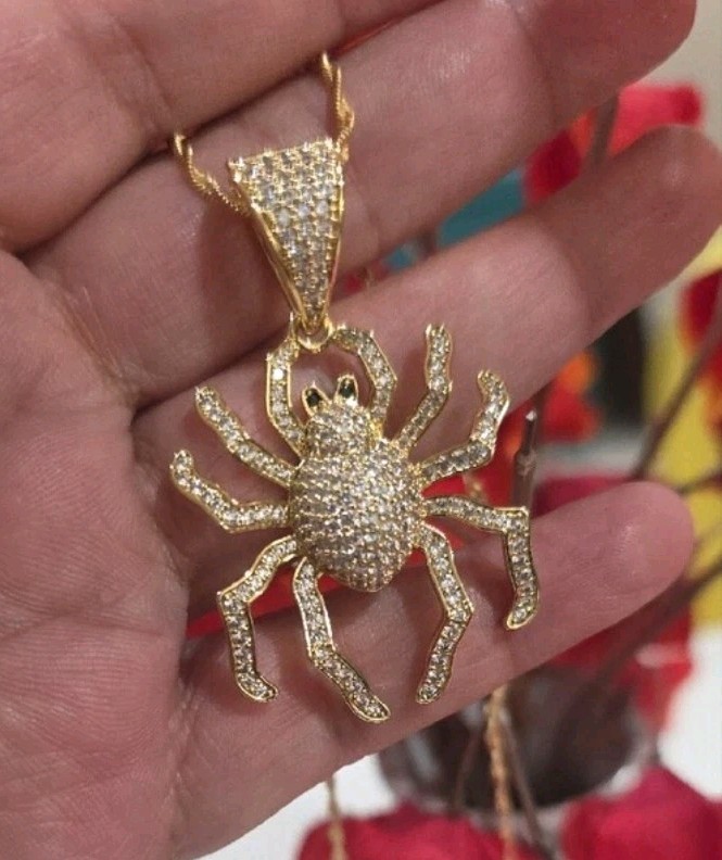 14k Gold Plated 20″ Rope Chain Necklace w/ Pavé Crystal Spider Charm Pendant