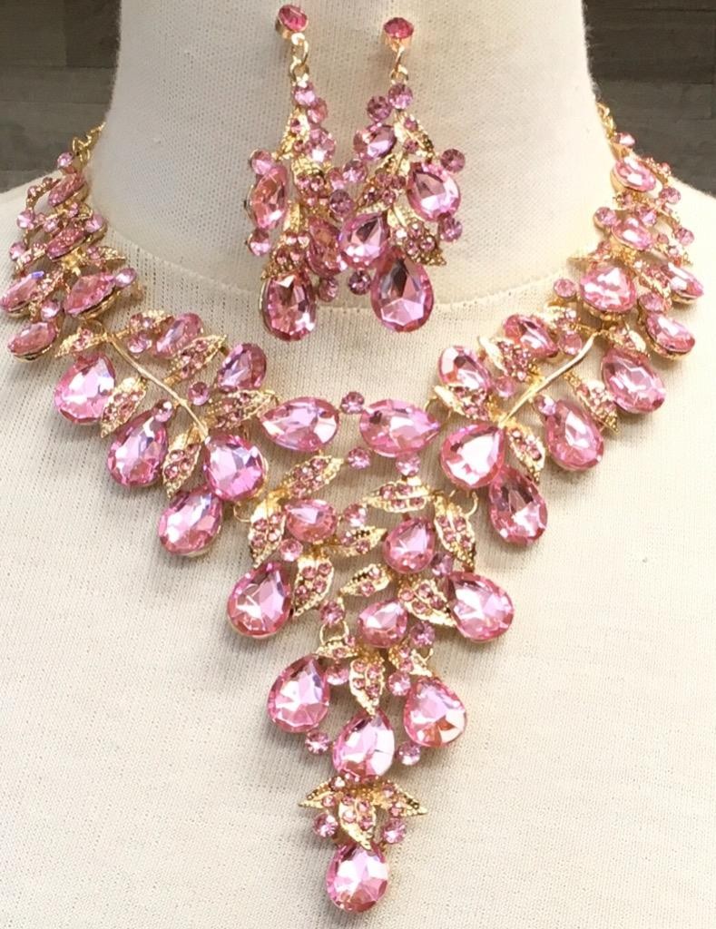Waterfall Necklace Set Pink crystal Rhinestone Bib cluster Statement Earrings vt