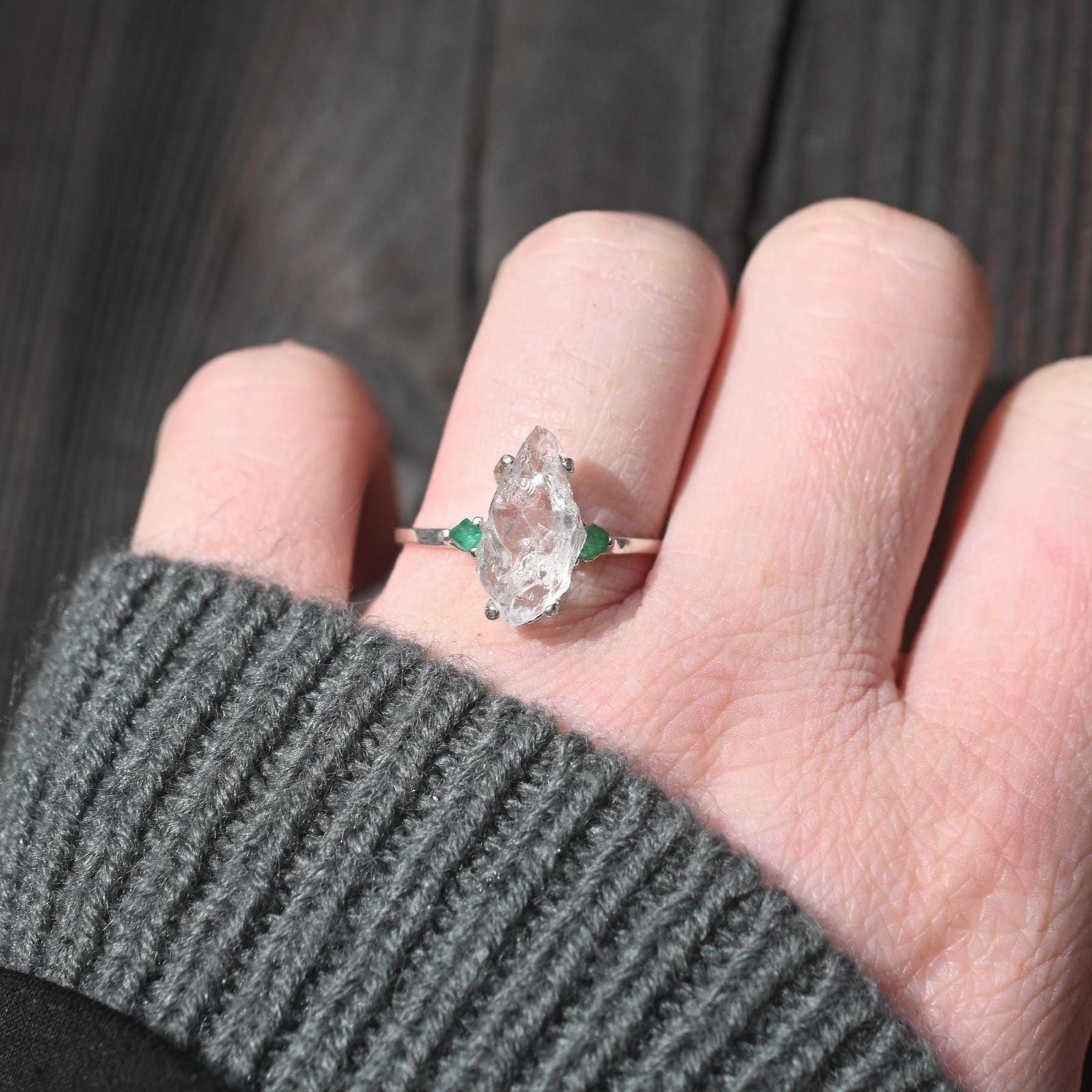 Engagement ring Emerald and Lake County diamond sterling silver size 3 4 5 6 7