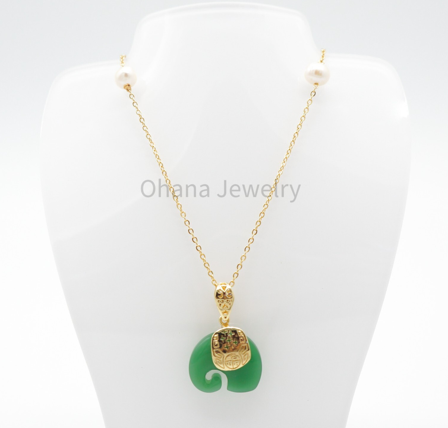 Natural Green Jade Copper Freshwater Pearl 18″ Oval Link Necklace – Elephant