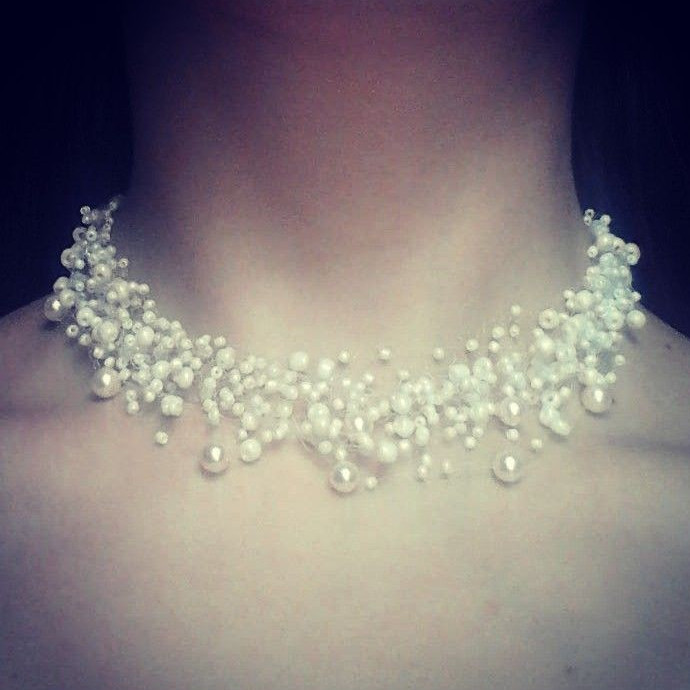 White Round Pearl Beaded Elegant Necklace, Crocheted Necklace.