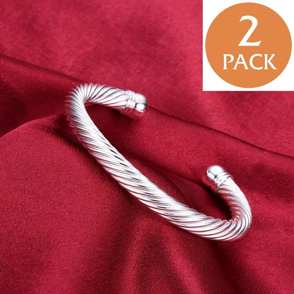 2x Women’s 925 Sterling Silver Twisted Cable Open Cuff Bangle Fashion Bracelet