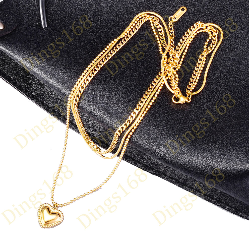 Designer Inspired 18K Gold Filled Snake/Curb/Bead Chain 3-Layered Heart Necklace