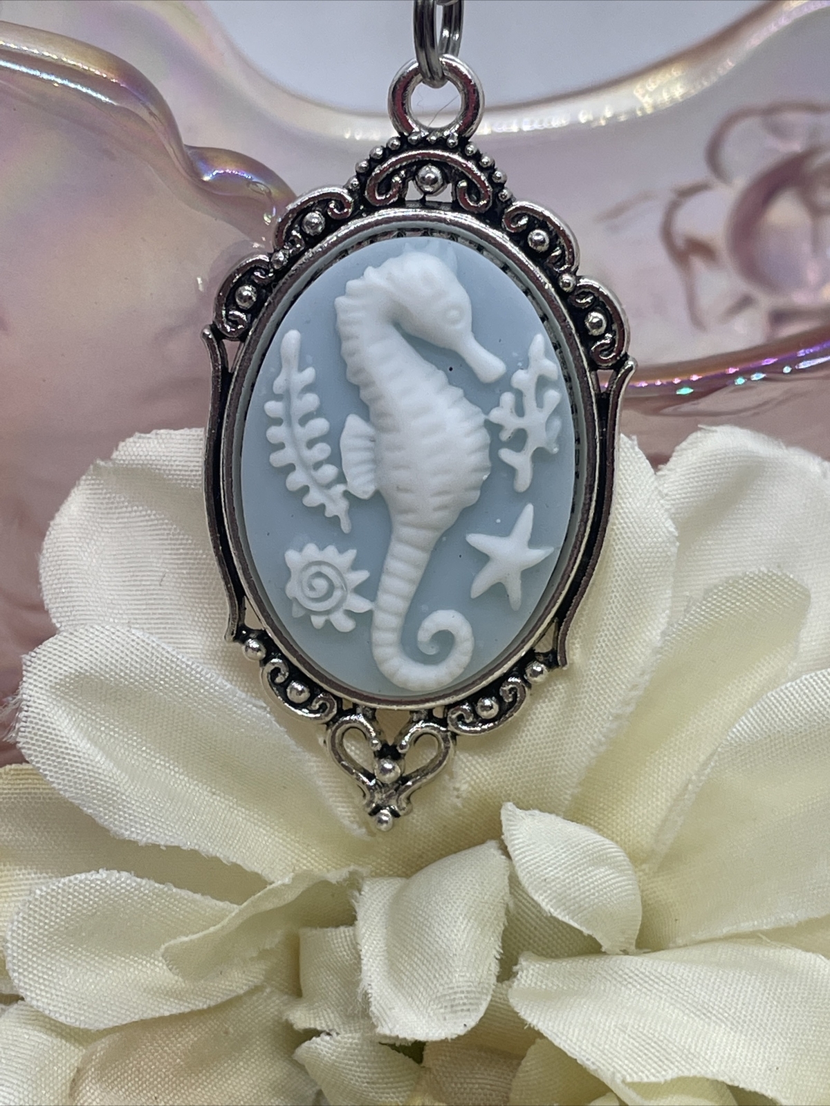 Cameo Necklace Seahorse Sea Horse Fish Prom Nautical Wedding Silver Heart Star