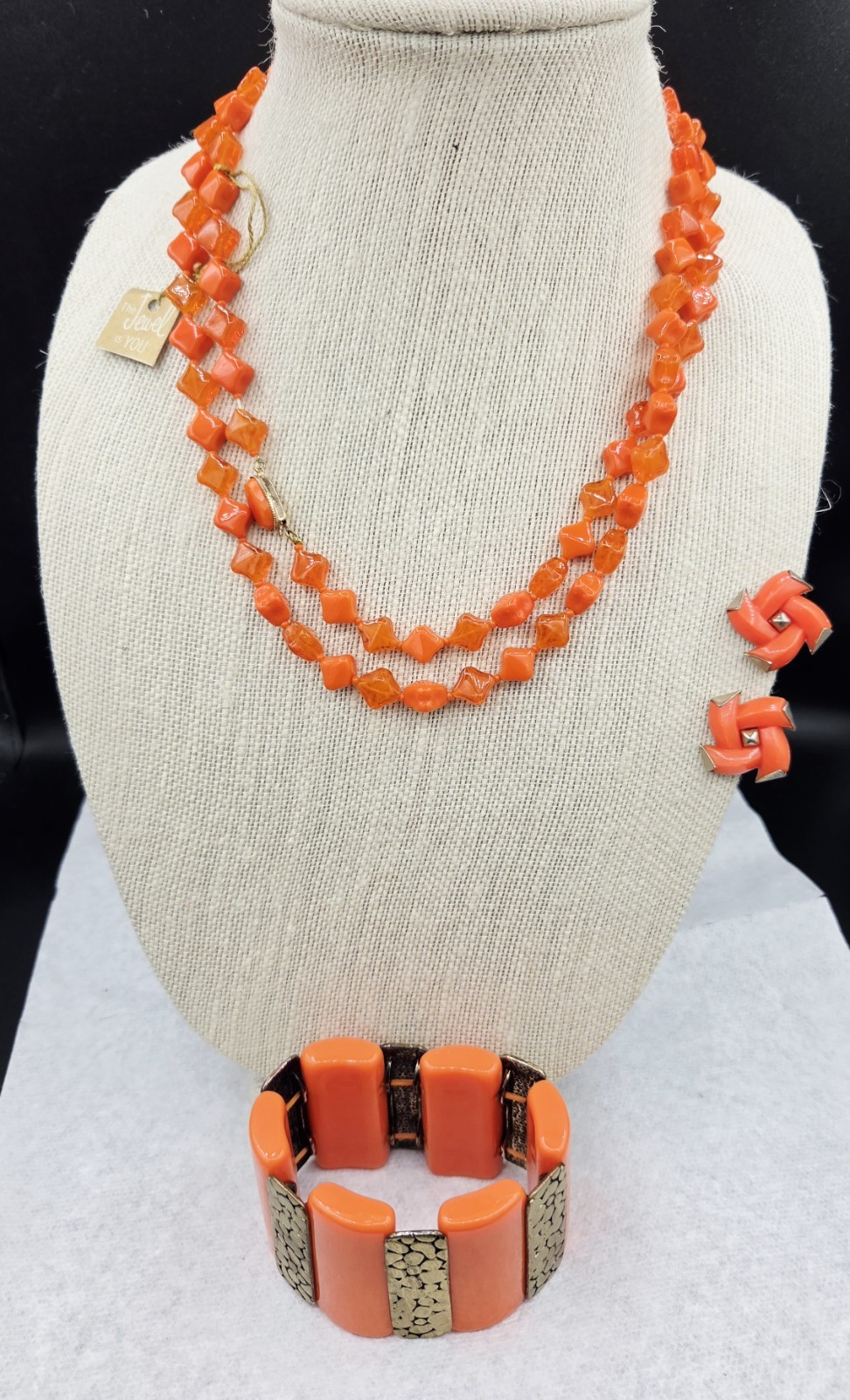 Necklace Set Orange Beaded New 40″ W Bicone Beads Clip On Earr & Bracelet 0252