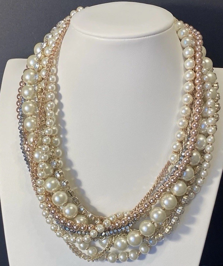 The Loft Vintage 9 Strand Faux Pearl Chain Rhinestone Necklace
