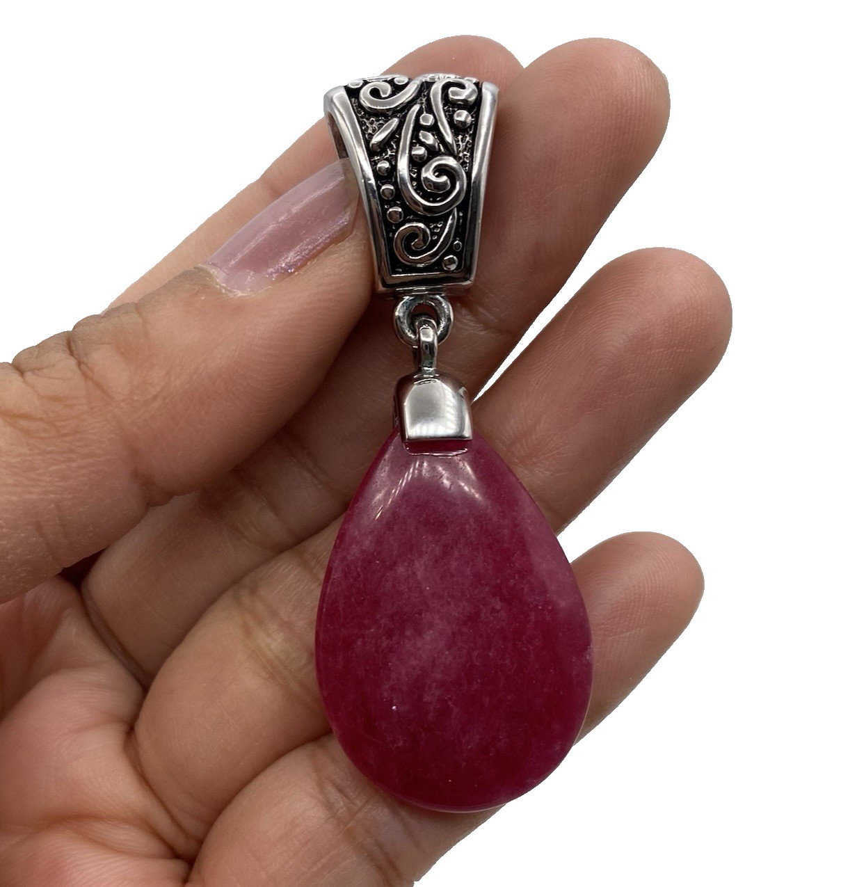 Bali Style Pendant Dark Pink Natural Stone Teardrop Silver-Tone 2.25 inches