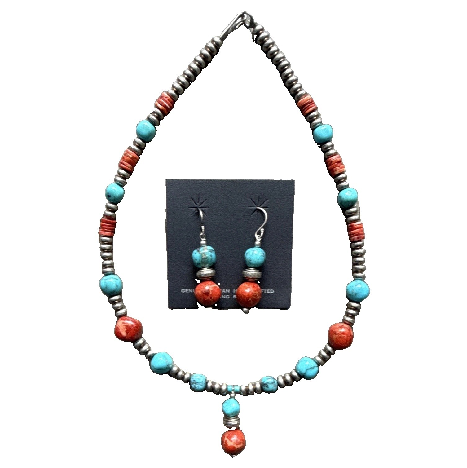 Handmade Sterling Silver Turquoise & Coral Beaded Necklace Dangle Hook Earrings