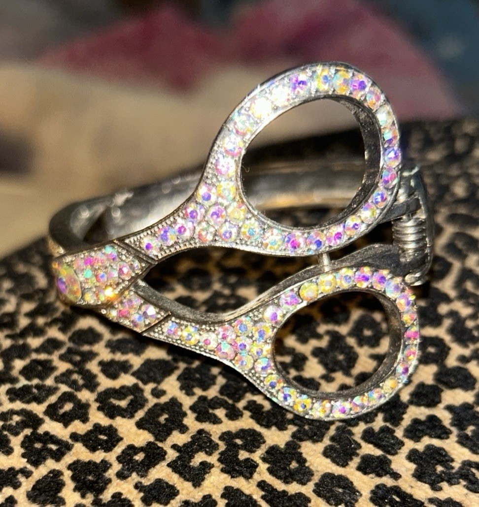 Silver-Tone Scissors Cuff Bracelet AB Aurora Borealis Multicolor Rhinestones