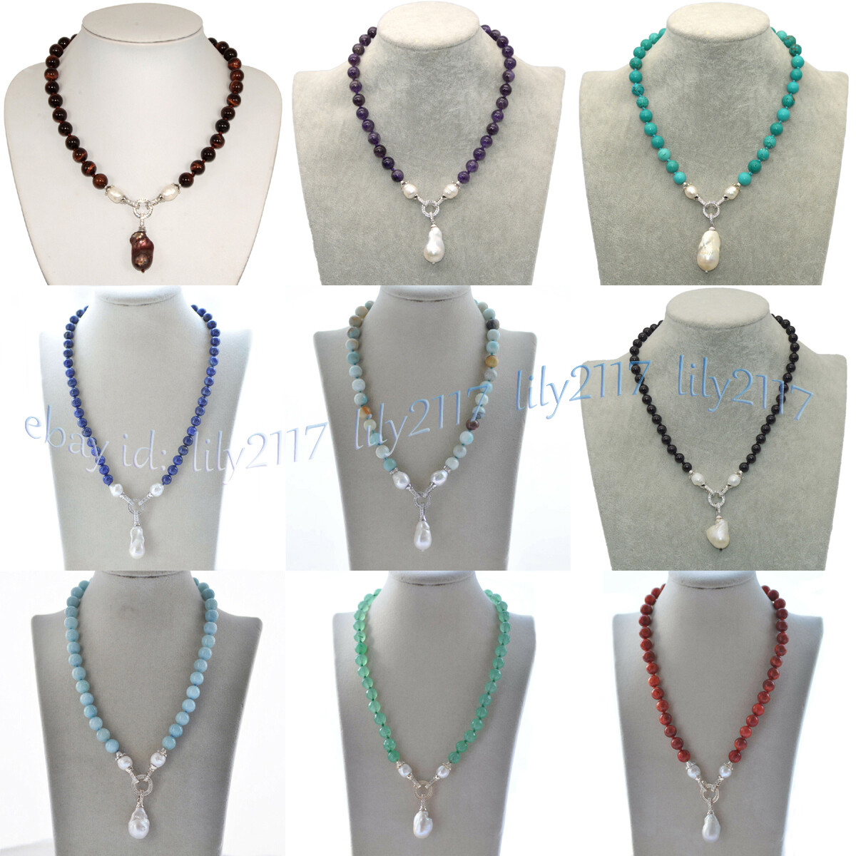 Multiple Gemstone Beaded Natural Edison Baroque Pearl Pendant Necklaces 18 inch