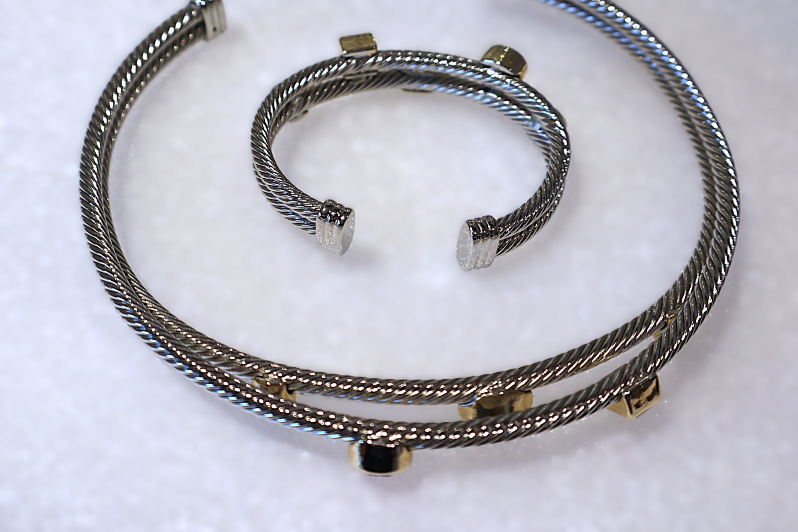 Designer Inspired Cable Choker Necklace and Bracelet Set Two Tone