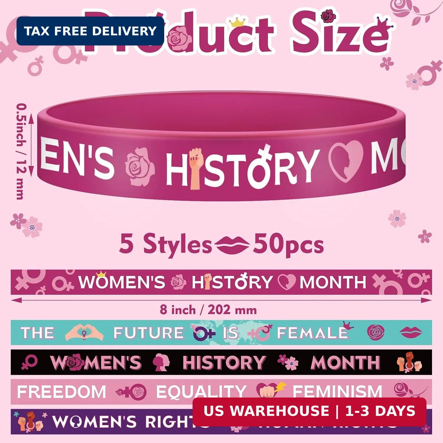 50 Pcs International Women’s Day Gifts Silicone Bracelet Bulk Women’s History Mo