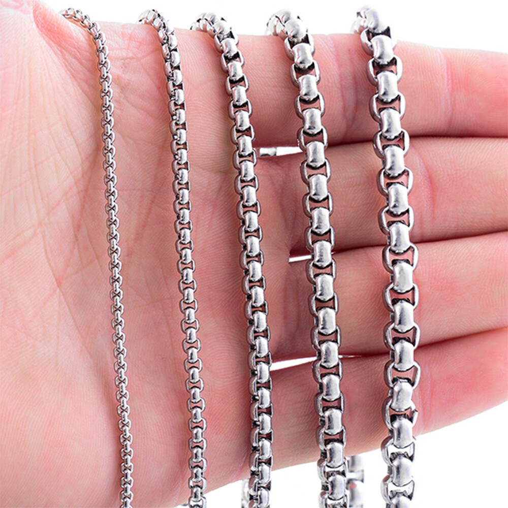 1.5-4mm Silver Tone Stainless Steel Round Box Necklace Men Women Chain 18-28″