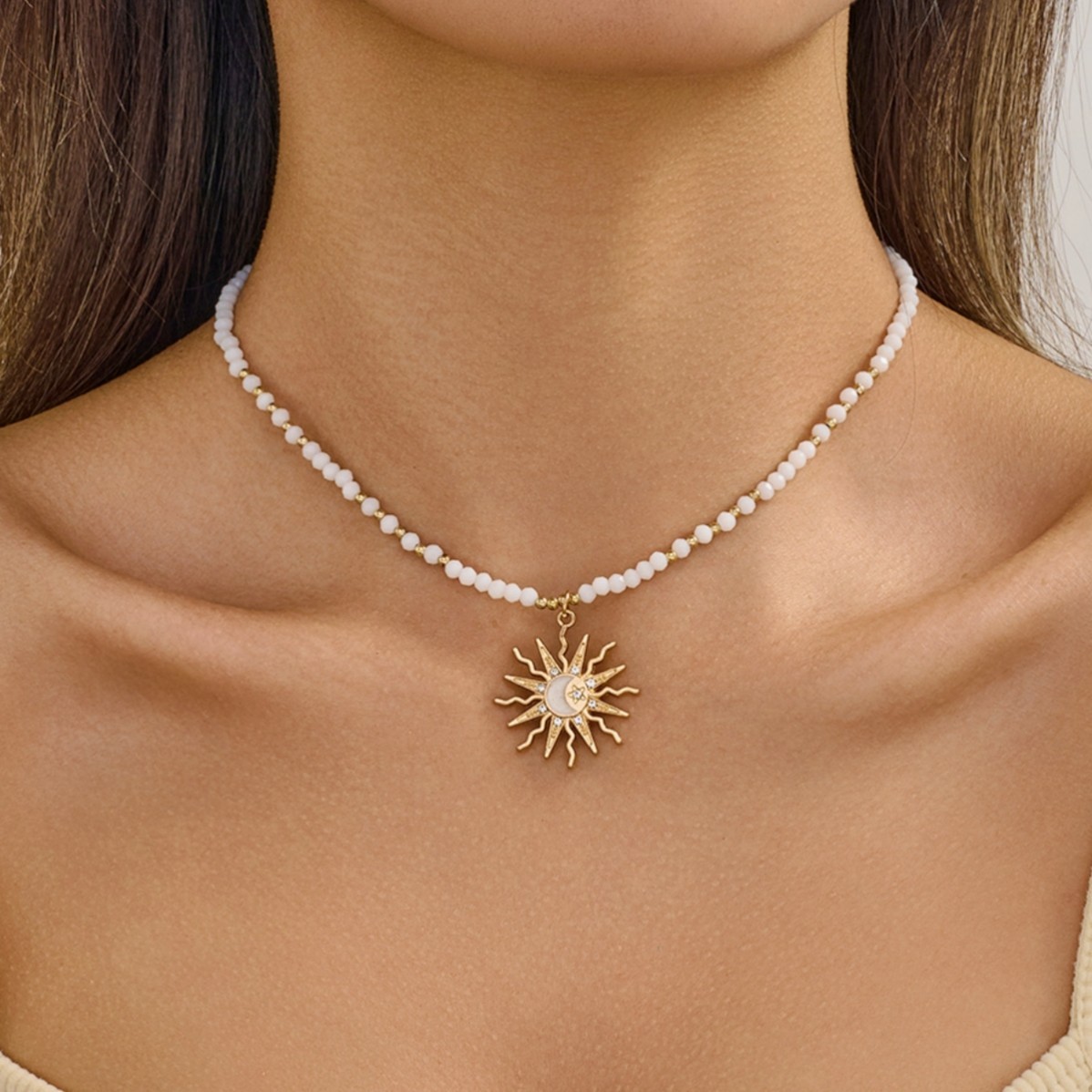 Women’s Gold Tone Wavy Sun Starburst Charm Crystal Beaded Boho Choker Necklace